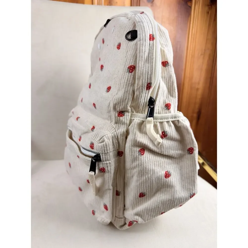 Miqah Mini Corduroy Strawberry Backpack Cream/Red Zip Pockets Adjustable Straps